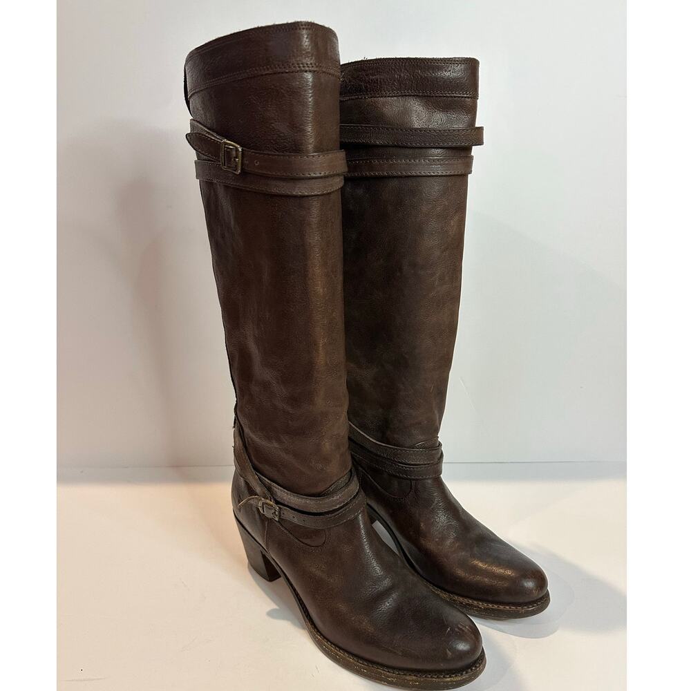 Frye Jane Strappy Leather Tall Boots Women's 9 Dark Brown Boho Heritage Style